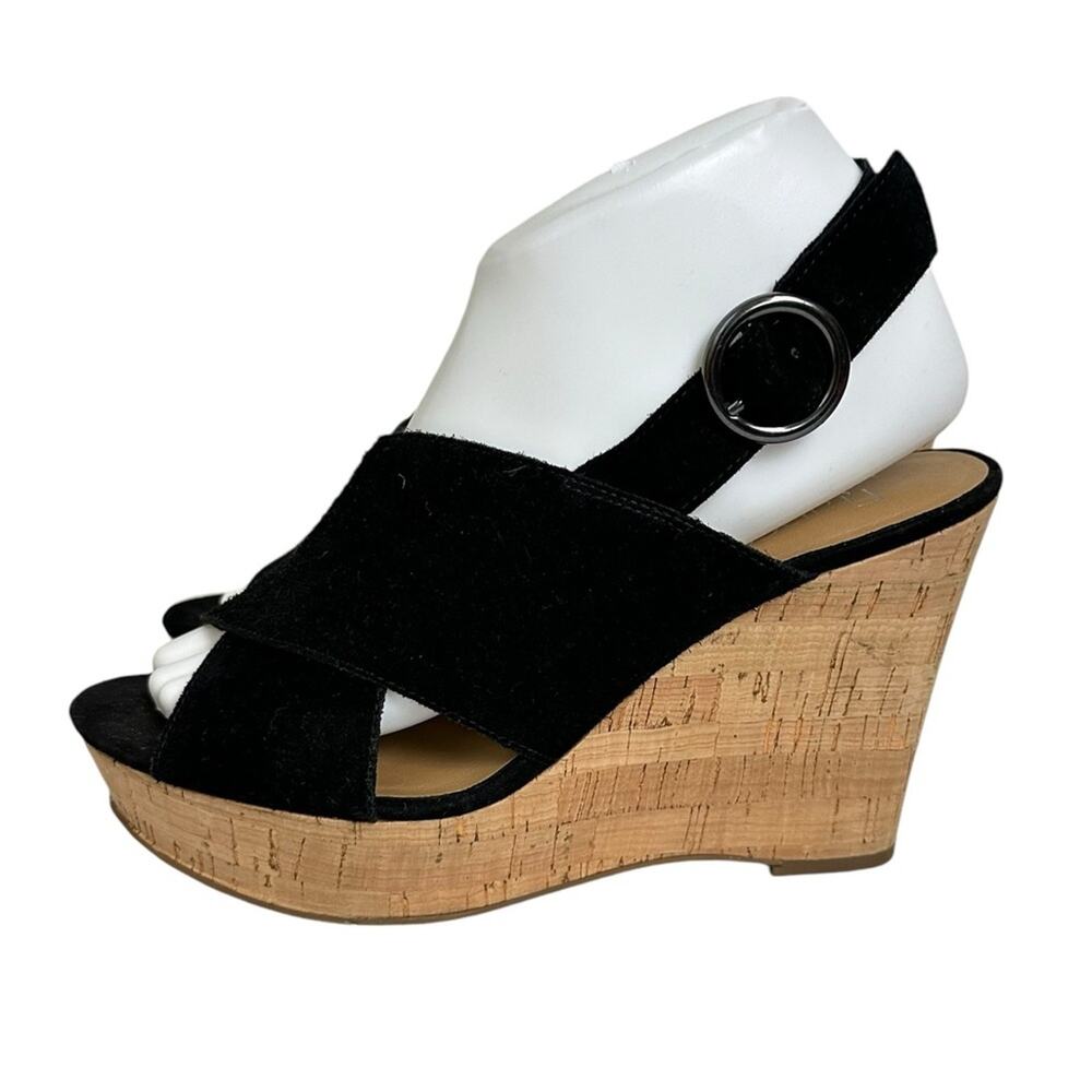 Franco Sarto Sari Suede Leather Platform Wedge Sandals Black Size 8.5